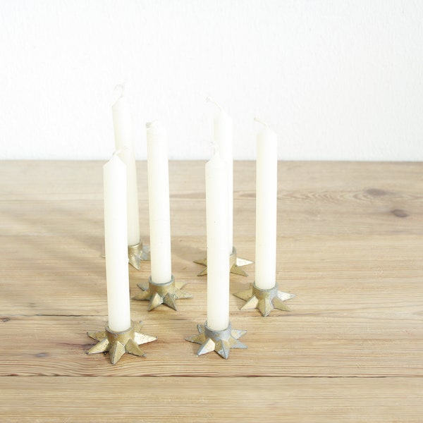 Vintage lot of 6 beautiful small gold star candle holders, Fast shipping, Danish simple design Christmas candlestick, cute Holiday decor