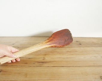 Vintage antique big wooden ladle, hand carved old spoon, Rustic primitive smooth from wear, Country kitchen farmhouse, Collectible utensil