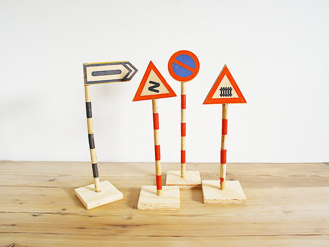 Vintage Set Traffic Signs Wood, Old Doll Road Signs, Gift for New