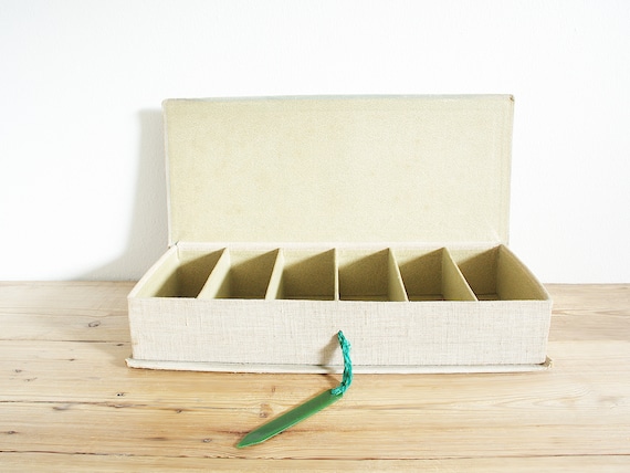 Vintage fabric covered cardboard box from department store with compartments, desk accessory storage, old vanity storage, journaling supply