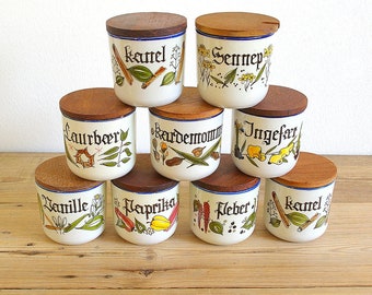 Vintage spice jars, Knabstrup ceramic teak lid, Spice boxes wood lid, Handpainted Scandinavian retro, Farmhouse kitchen, Pernille series