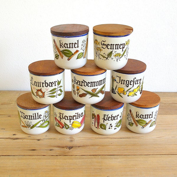 Vintage spice jars, Knabstrup ceramic teak lid, Spice boxes wood lid, Handpainted Scandinavian retro, Farmhouse kitchen, Pernille series