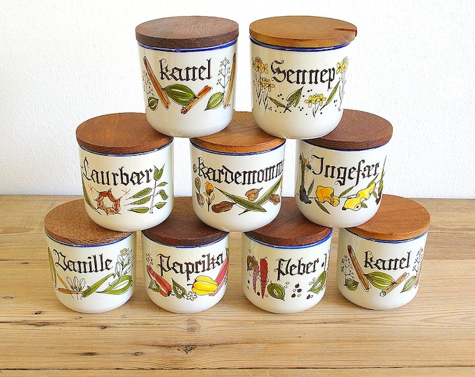 Vintage spice jars with teak lid Knabstrup ceramic, spice boxes wood lid, hand painted Scandinavian retro, kitchen decor, Pernille series