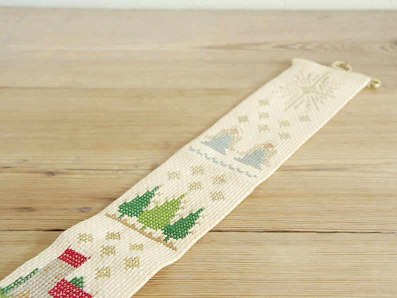 Vintage embroidery Christmas bell pull with church angels pine trees, cross stitch wall hanging with bell, Nordic Scandinavian Holiday decor image 5