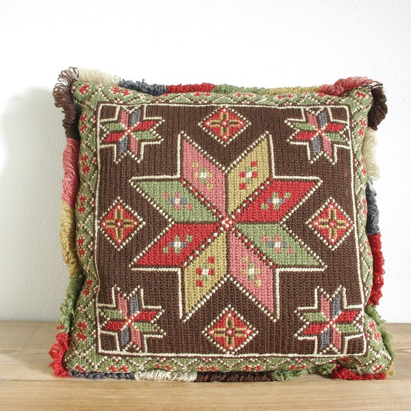 Vintage crewel embroidered decorative pillow or cushion in geometric pattern, Retro Multi color Scandinavian, Hand made modern home interior