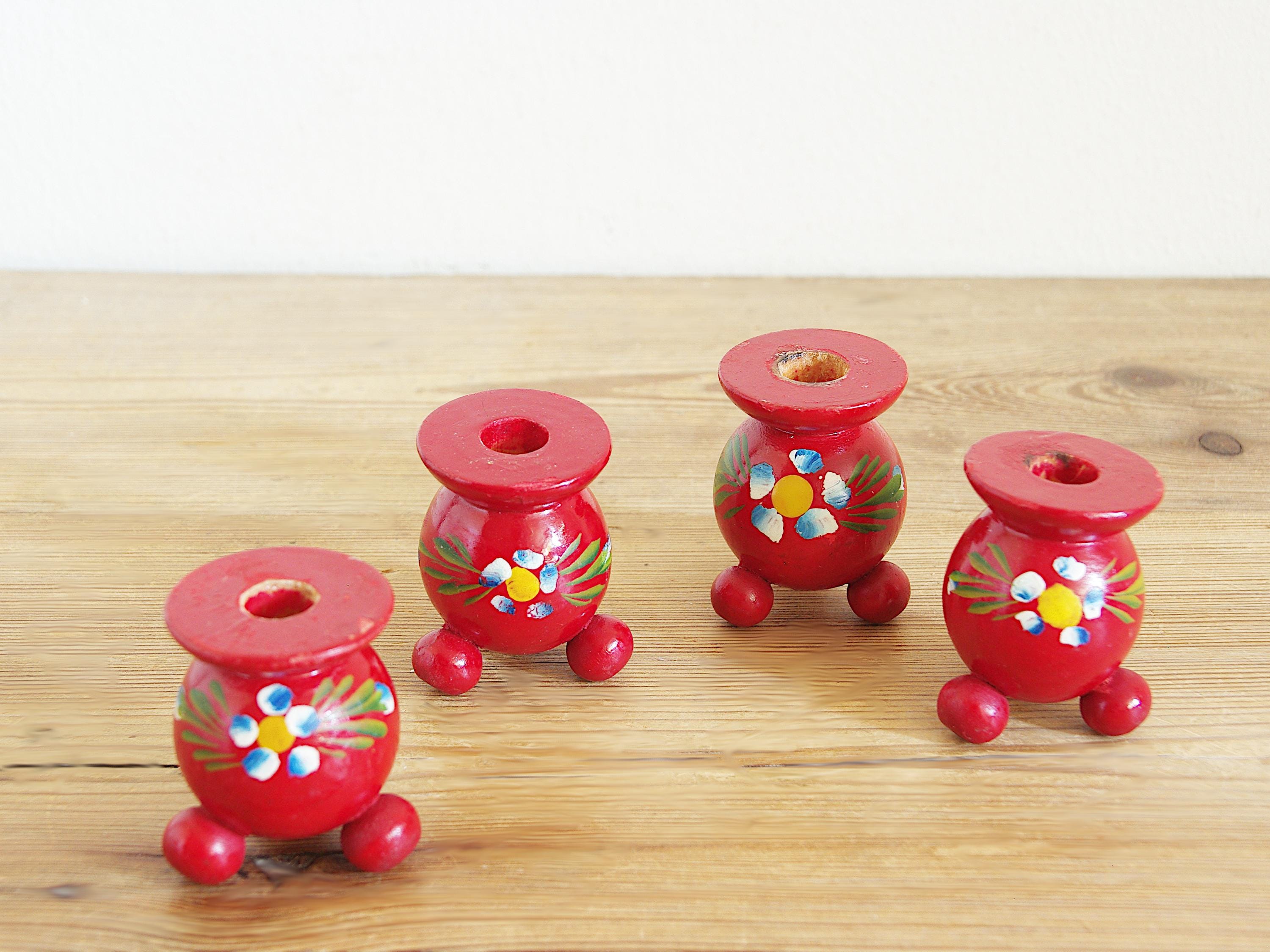 Vintage Set of 4 Small Candleholders in Red Painted Wood, Swedish 