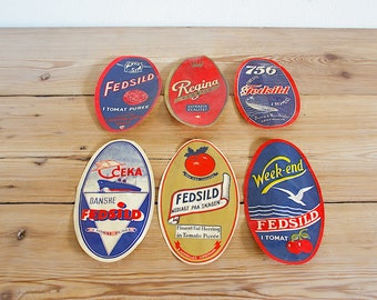 Vintage 6 original fish can labels, tin can advertising, colorful Journaling supply, Scrapbooking collage, Ephemera paper, canned fish