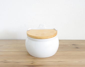 Vintage salt box with wooden lid, white ceramic salt cellar, Country kitchen Farmhouse decor, simple desk storage, minimalist style