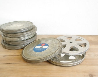 Vintage film tin with spools, metal canisters for storage and decor, Industrial office look, round flat cans stacking, with labels