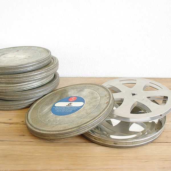 Vintage film tin with spools, metal canisters for storage and decor, Industrial office look, round flat cans stacking, with labels