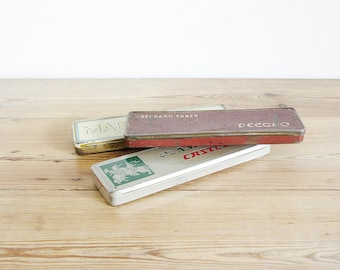 Vintage pencil tin or metal pen case, office stationary supply, Faber Castell Mars Staedtler, Eberhard Faber Decoro, old Industrial decor,