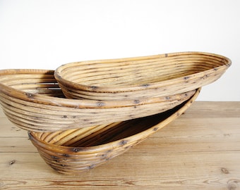 Vintage long bread baking basket, old Proofing Proving, Fruit bowl oval, Farmhouse kitchen, decorative wicker basket