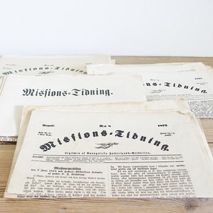 Vintage antieke bundel papieren uit de 19e eeuw, ephemera paper pack, origineel voor creatieve papierambachten, Zweeds missiepapier, gotische lettertypekrant