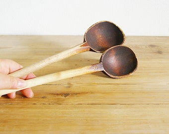 Vintage pair of wooden spoons with patina, Swedish rustic Primitive spoons, Country kitchen farmhouse decor, Collectible, Wooden utensils