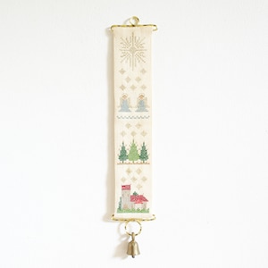 Vintage embroidery Christmas bell pull with church angels pine trees, cross stitch wall hanging with bell, Nordic Scandinavian Holiday decor image 1
