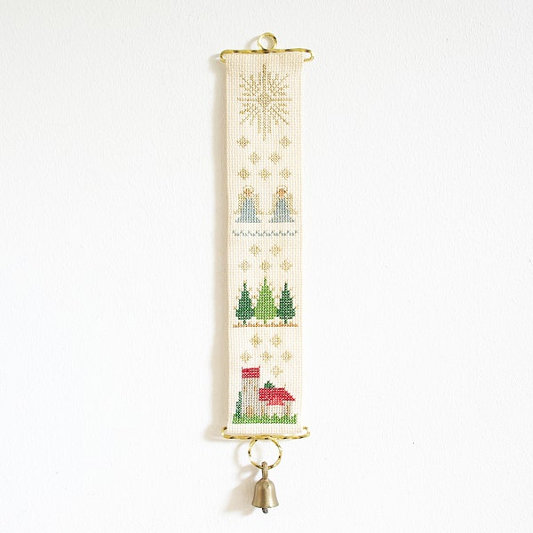 Vintage embroidery Christmas bell pull with church angels pine trees, cross stitch wall hanging with bell, Nordic Scandinavian Holiday decor