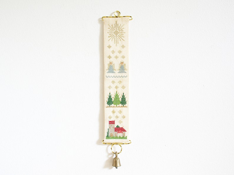 Vintage embroidery Christmas bell pull with church angels pine trees, cross stitch wall hanging with bell, Nordic Scandinavian Holiday decor image 1