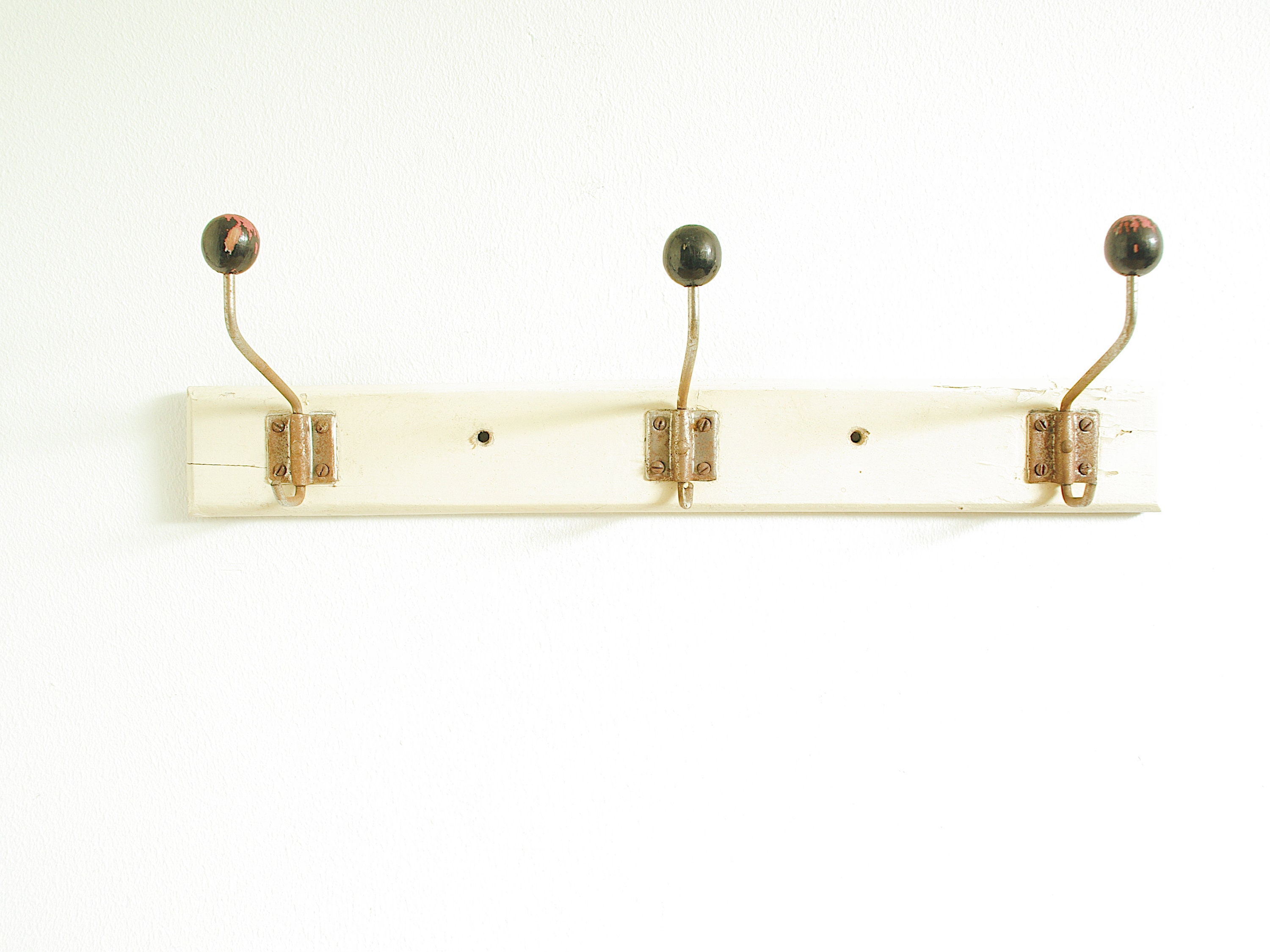 Vintage Coat Rack Ball Hook, Wooden Rustic Rack, Primitive Cream