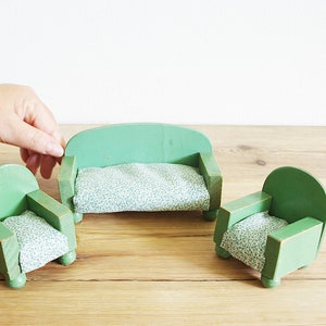 Vintage wooden dollhouse furniture set of sofa and armchairs 30s Art Deco style, cute small furniture mini, old primitive simple