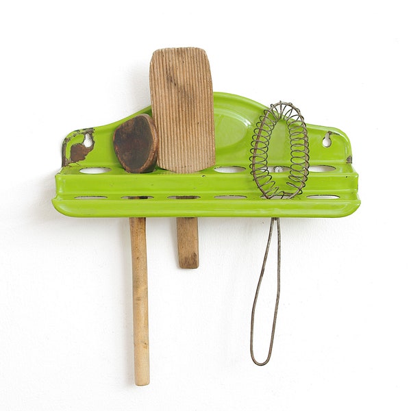 Vintage green enamel spoon holder, shabby spoon rack, rustic wall shelf, Country Farmhouse kitchen decor, old retro utensils holder