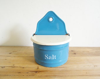 Vintage salt box cellar blue wood lid, Danish Enamel blue, Country kitchen Farmhouse decor, Desk storage, Kitchen container, Salt cellar old
