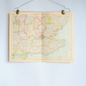 Vintage antike 1920 Atlas Karte von Großraum London und Cornwall, original Wanddekor, alte South East England Karte, Great Britain Travel