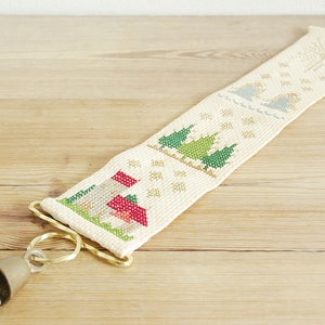 Vintage embroidery Christmas bell pull with church angels pine trees, cross stitch wall hanging with bell, Nordic Scandinavian Holiday decor image 4