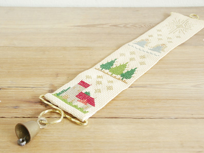 Vintage embroidery Christmas bell pull with church angels pine trees, cross stitch wall hanging with bell, Nordic Scandinavian Holiday decor image 4