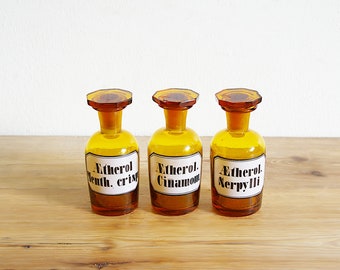 Vintage antique apothecary glass bottles with glass stoppers and black lettering, small collectible old jars, instant collection, Bathroom
