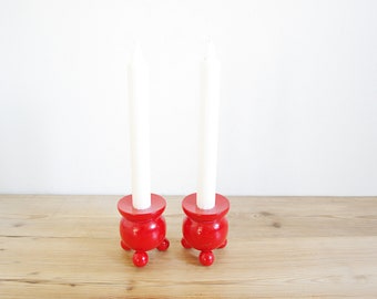 Vintage pair red candleholders wooden, Swedish Christmas, Sweden folk art, traditional candle sticks, Scandinavian folky, Holiday decor