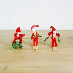 Vintage set of small Christmas chenille elves or pixies on skies and sled, Holiday decor, Christmas ornament, collectible old, image 3