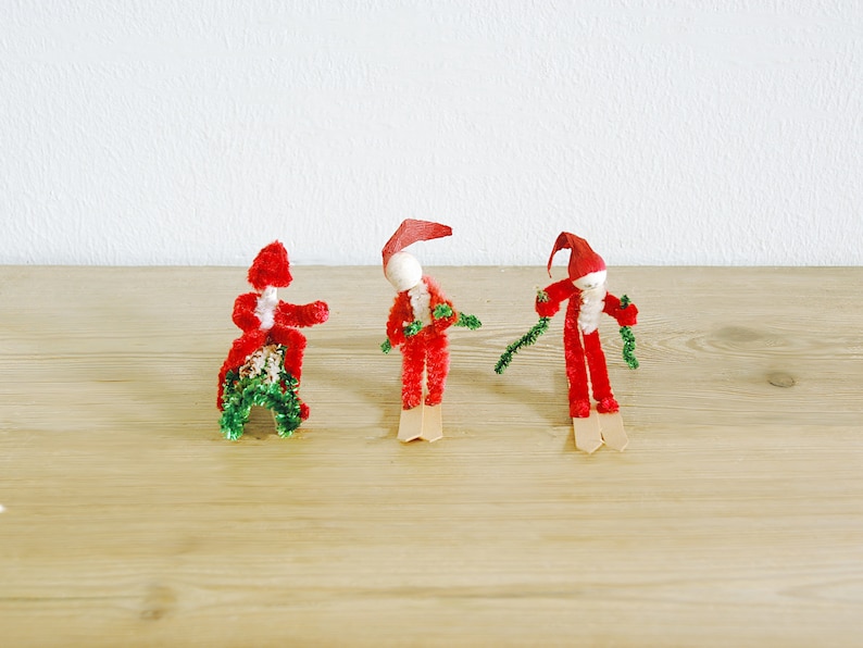 Vintage set of small Christmas chenille elves or pixies on skies and sled, Holiday decor, Christmas ornament, collectible old, image 3