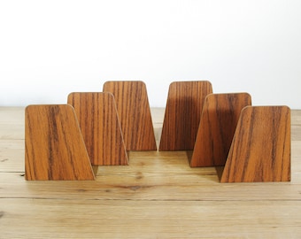 Vintage pair metal bookends in teak wood look, mid Century book ends, 50s office, desk organizer office, man cave gift