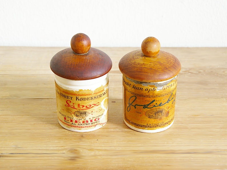 Antique rare Liebig meat extract jars with lid, collectible faience porcelain pots extractum carnis, Justus Liebig Libox Antwerp London image 3