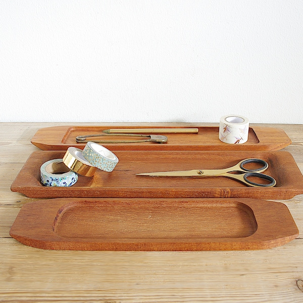 Vintage long teak tray Danish in Mid century modern design, long serving tray wood, display catchall desk, cheese board, flat square simple