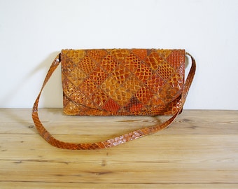 Vintage snake leather handbag in cognac brown, purse faux alligator croc 50s, Ladies clutch mid century, Accessory women old stylish classic