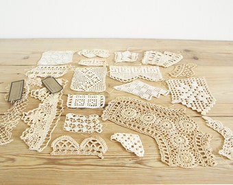 Vintage lot of hand crochet lace samples from Danish school, antique hand made bits and pieces, hand crocheted lace collection with old tag