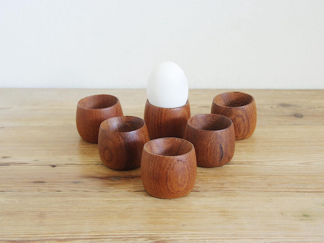 Vintage Set von 6 Teak Eierbecher, Mid Century Modern Eierbecher, MCM Danish Mid Mod Wohnküche, Geschenk für Retro Liebhaber, schlichtes Design minimalistisch