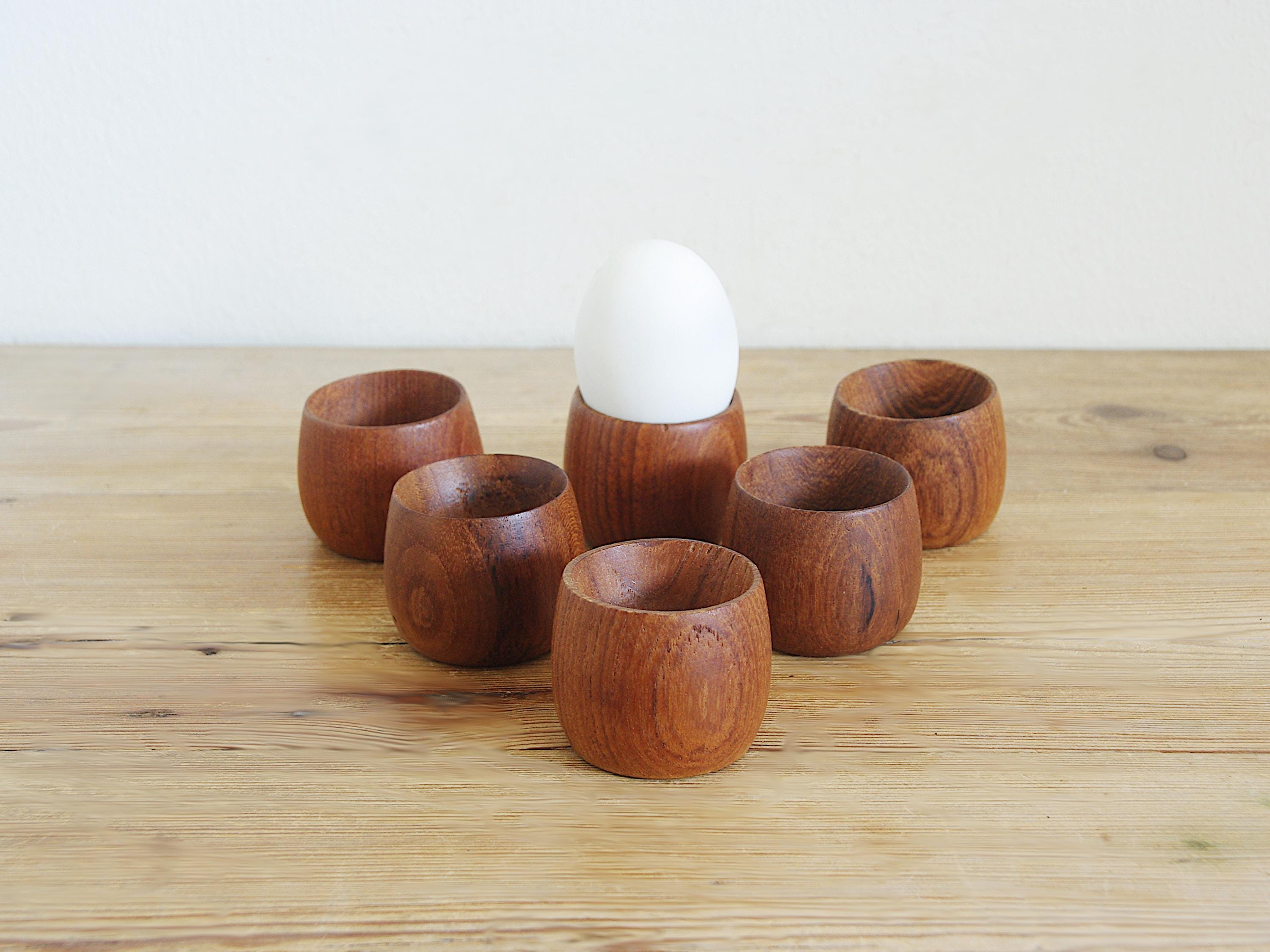 Vintage Set von 6 Teak Eierbecher, Mid Century Modern Eierbecher, MCM Danish Mid Mod Wohnküche, Geschenk für Retro Liebhaber, schlichtes Design minimalistisch