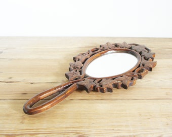 Vintage hand mirror with wood carved ivy, vanity handheld mirror for beauty routine, wall hang loop handle, photo prop, collectible old