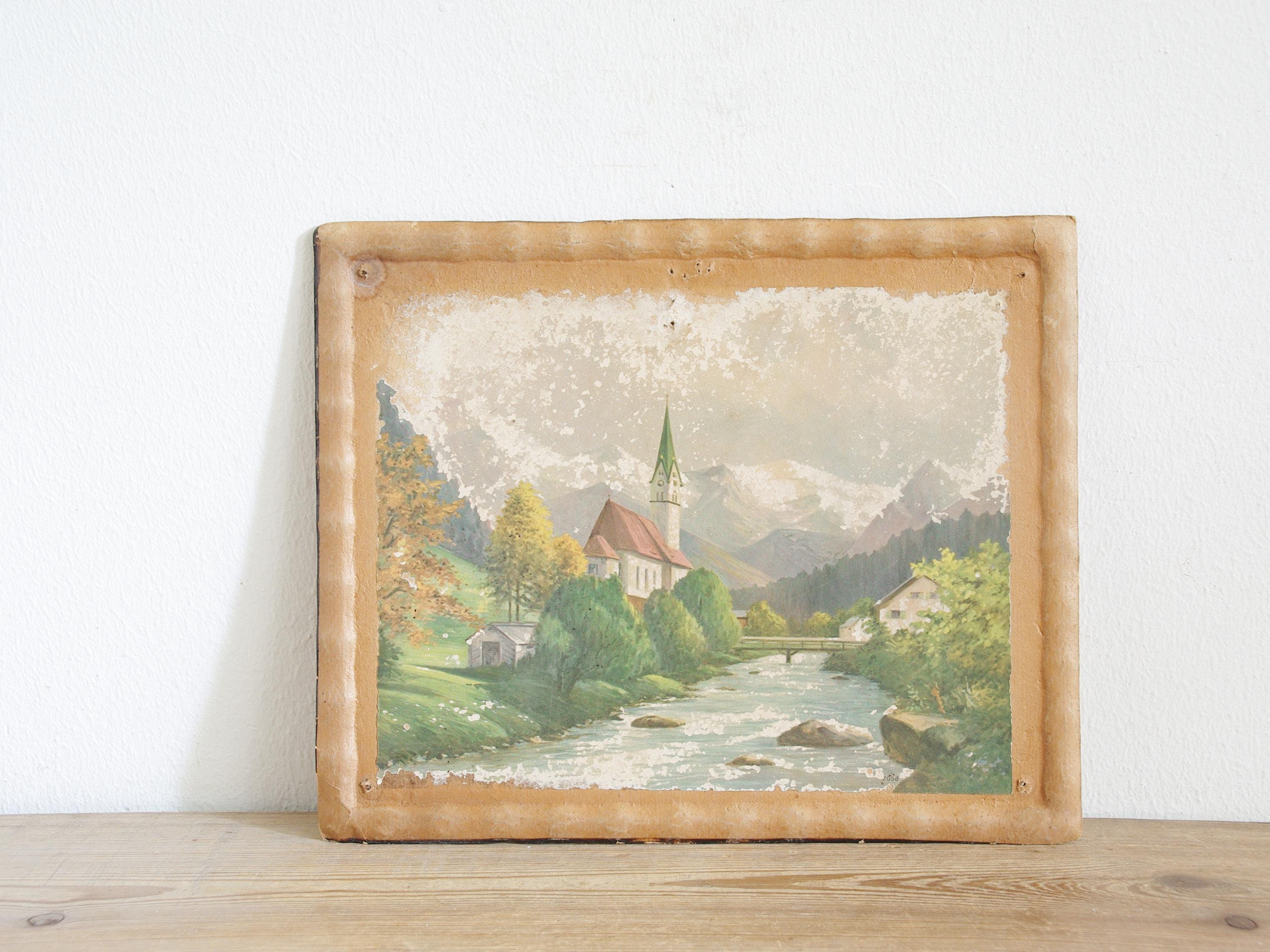 川と教会、山々のある風景を描いたヴィンテージアンティークプリント