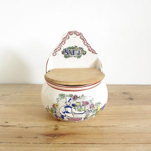 Vintage salt box, salt cellar with wood lid, Danish earthenware, White ceramic, Country kitchen Farmhouse decor, Desk storage, gift for cook