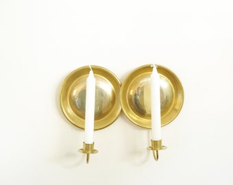 Vintage pair of brass candle sconces with round reflector, golden wall candlestick, Scandinavian lamp, metal simple minimalistic