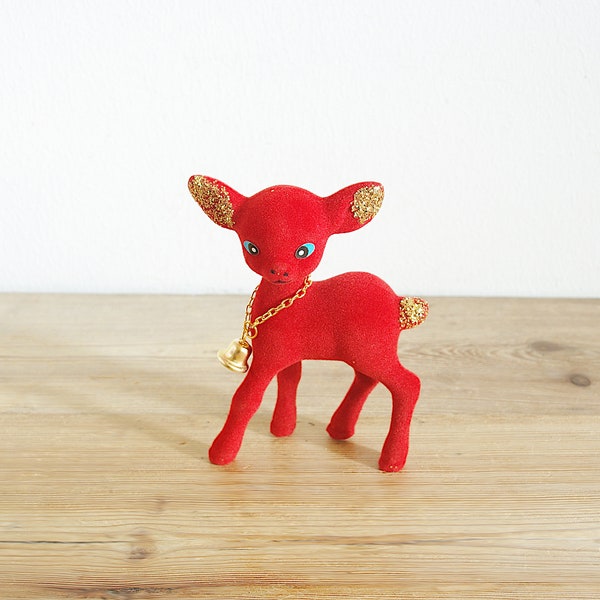 Vintage red flocked Bambi with chain and bell, retro decor in mid century modern style, Christmas deer figurine, new old stock decorations