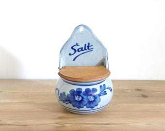 Vintage salt box in gray blue ceramic with wooden lid, kitchen salt cellar, country farmhouse decor