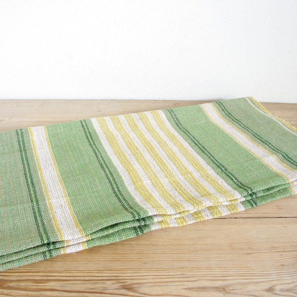 Vintage Swedish table runner handwoven linen in green beige yellow, Scandinavian linen, traditional folk, country kitchen simple