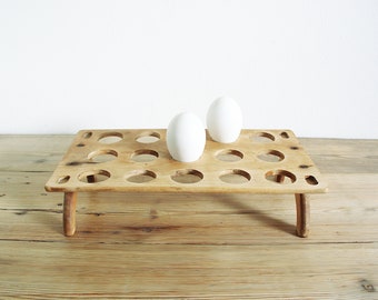 Vintage antique single tier egg rack in wood, treen egg stand for counter in Downton Abbey style, Country farmhouse kitchen, old holder