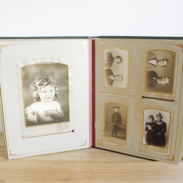 Vintage antique photo album with photos, collection black white sepia Photographs Cabinet cards, children men women, old times collectible