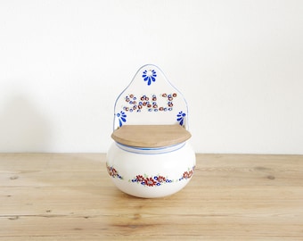 Vintage salt box, salt cellar with wood lid, Danish earthenware, White ceramic, Country kitchen Farmhouse decor, Desk storage, gift for cook