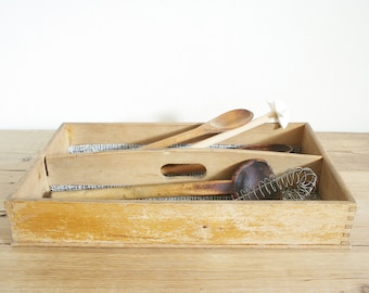 Vintage wooden rustic cutlery tray with handle, Knife box holder, Country kitchen wood tote, Desk organizer, Primitive catchall, cottagecore